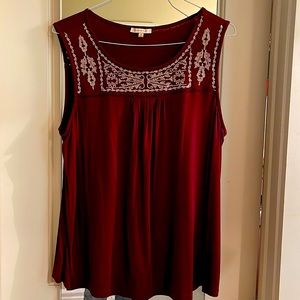 Skies are Blue, Cranberry Sleeveless Embroidered Top Size XL